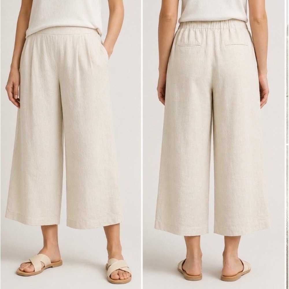 Gap Womens 100% Linen Wide Leg Culotte Pants Beige Pleated High Rise Size 12